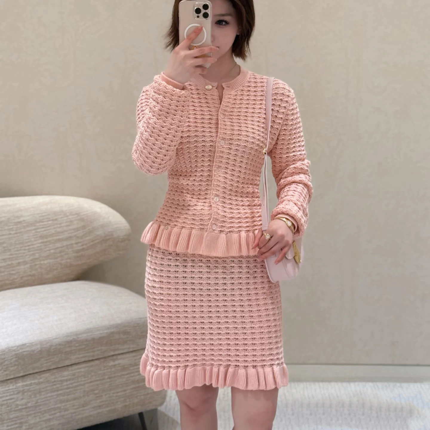 

Skirt Short High Luxury Pink Knitted Skirt Women's Lotus Leaf Edge Tassel Hip Bag Skirt