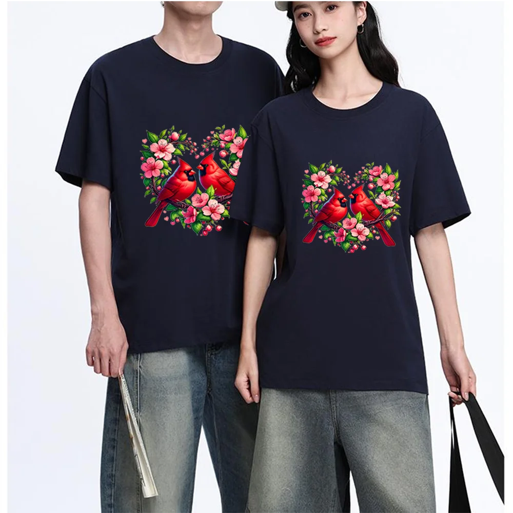 Red Cardinal Birds And Pink Cherry Blossoms Printed T Shirt Breathable Fabric S-XXL Personalized Custom T Shirt Casual Short Sle
