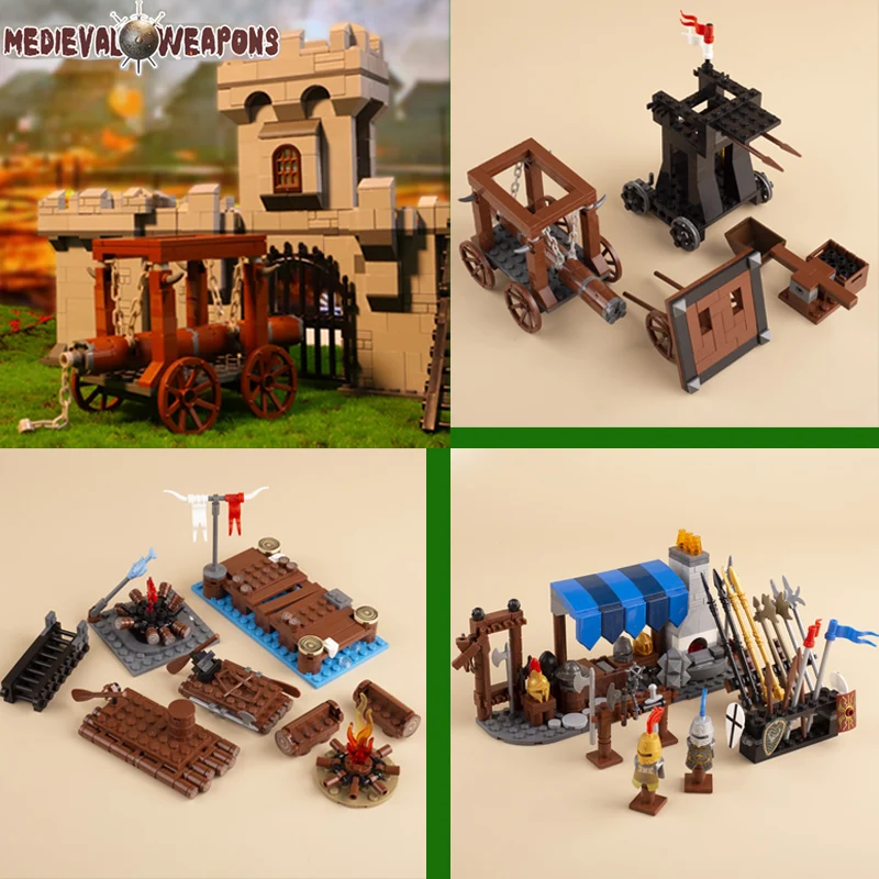 MOC Military Medieval Castle Building Block Viking Soldiers Roma Knight Figures Weapon Parts Mini Siege Bridge Bricks Model Toys