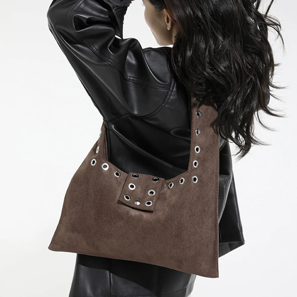 

Punk Rivet Women Shoulder Bag Hollow Studded Handbags Winter Faux Suede Shopper Tote Half Moon Underarm Bags for Women Clutch