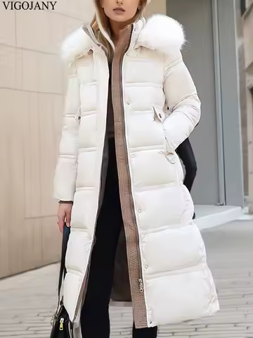 2025 Winter Casual Long Sleeve Down Cotton Coat Women White Hooded Long Plus Size Jacket Lady Zipper Warm Chubby Thick Outwear