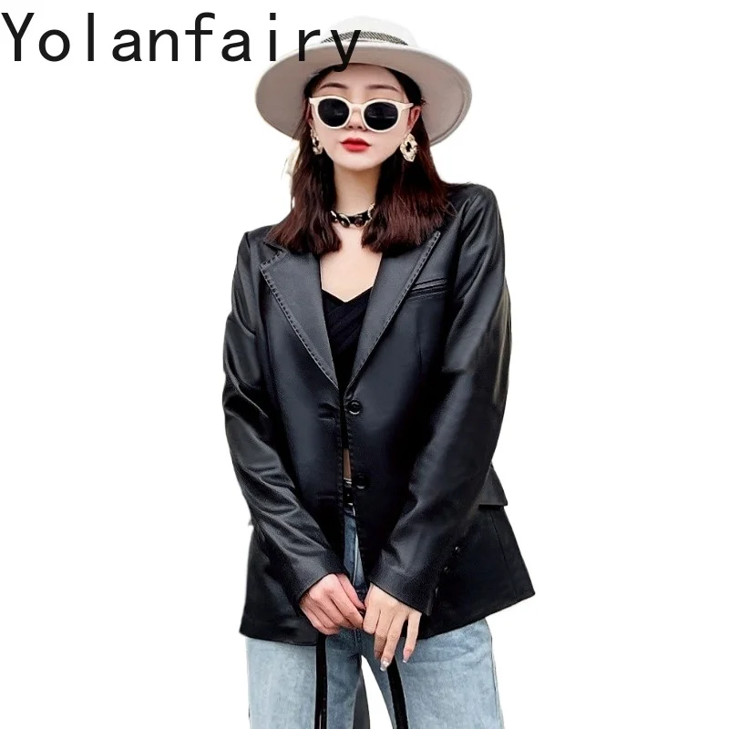 

YOLANFAIRY Women Slim Fit Blazer 2026 New Autumn Genuine Sheepskin Leather Jacket Black Long Sleeve Real Leather Coat Outerwear