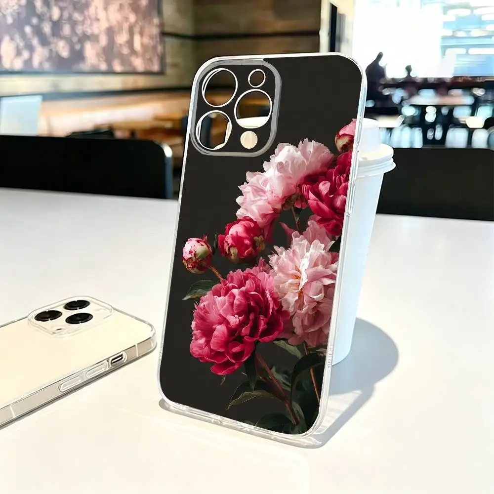 Elegant-T Peony F-Flower Phone Case Transparent Silicone Soft For iPhone 17 16 15 14 13 12 11 Mini Pro Max Plus