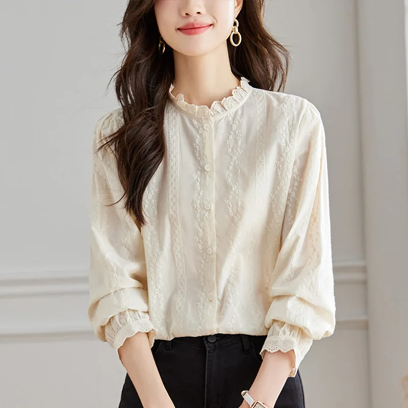 

2025 Autumn Women Long Sleeve Shirts Cotton Shirt Ruffled Blouse Design Forward Niche Style Blouse
