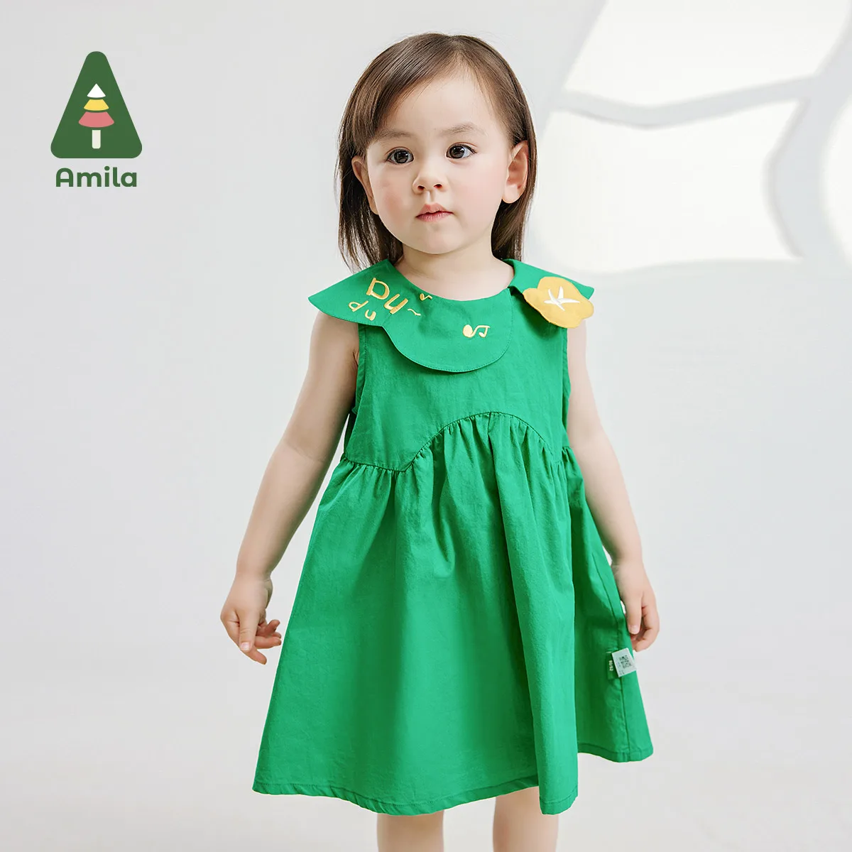 Amila Baby Girls Dress Summer 2024 New 100% Cotton Sweet Solid Color Doll Collar Flower Decorated Dress Kids Clothing 0-6Y