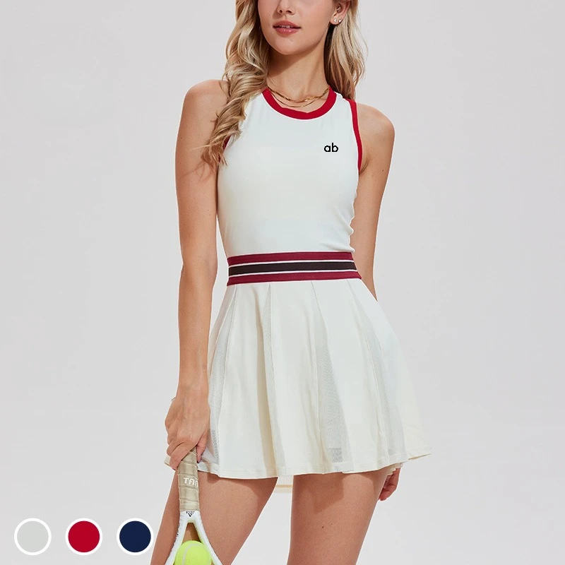 Women Hollow Out Back Tennis Dresses Sleeveless Slim Waist Mesh Spliced Sports Dress Golf Badminton Yoga Athletic Wear