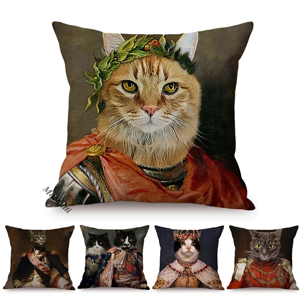 Cat General Portrait Imitate Famous Oil Painting Art Decorative Cushion Cover Nordic Funky Animal Style Sofa Throw Pillow Case