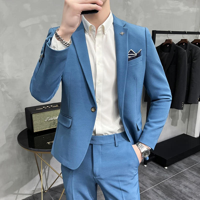 

(Jackets+Pants) Men's Spring Quality Business Suits Male Slim Fit Solid Color Groom's Wedding Dress Fashion 2 pieces Blazers 4XL