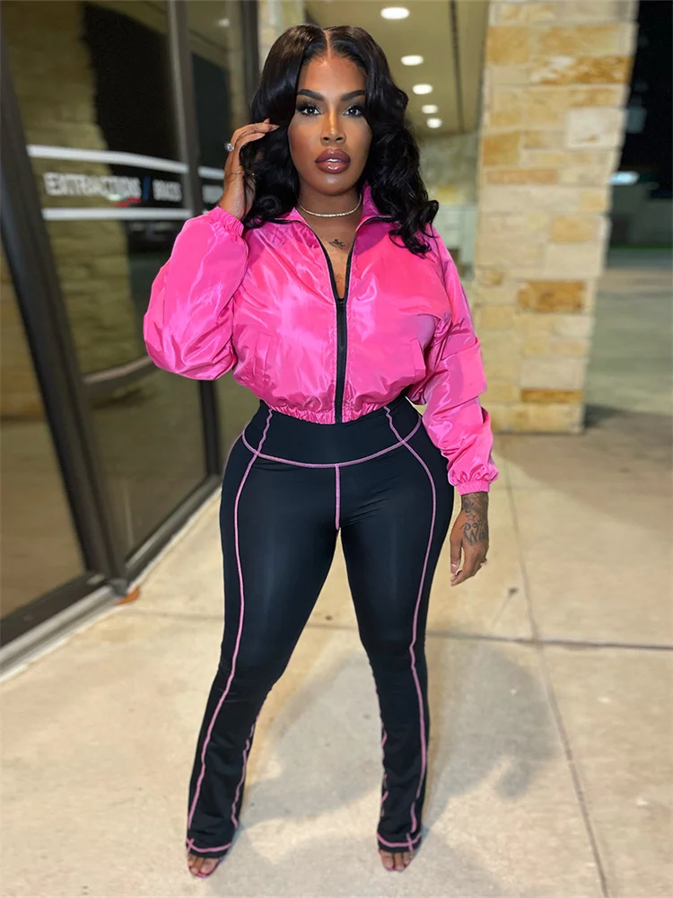 Cutenew Sporty Women Trend Tracksuits 2-Piece Set Zip Jacket+Stripe Patchwork Stretch Pants Matching Simple Casual Silky Outfits