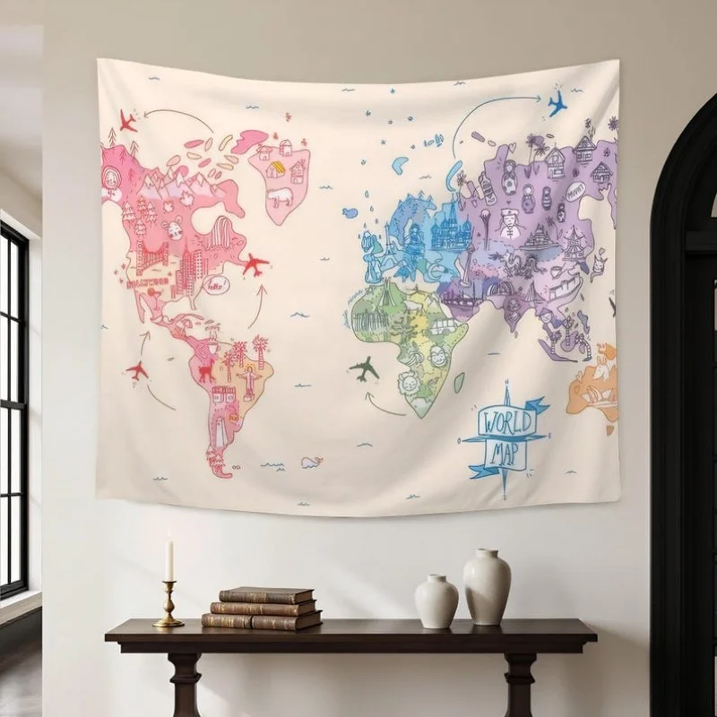 VIKAMA Cartoon World Map Polyester Fiber Tapestry Bedroom Living Room Wall Hanging Tourism Theme Art Tapestry Home Decoration