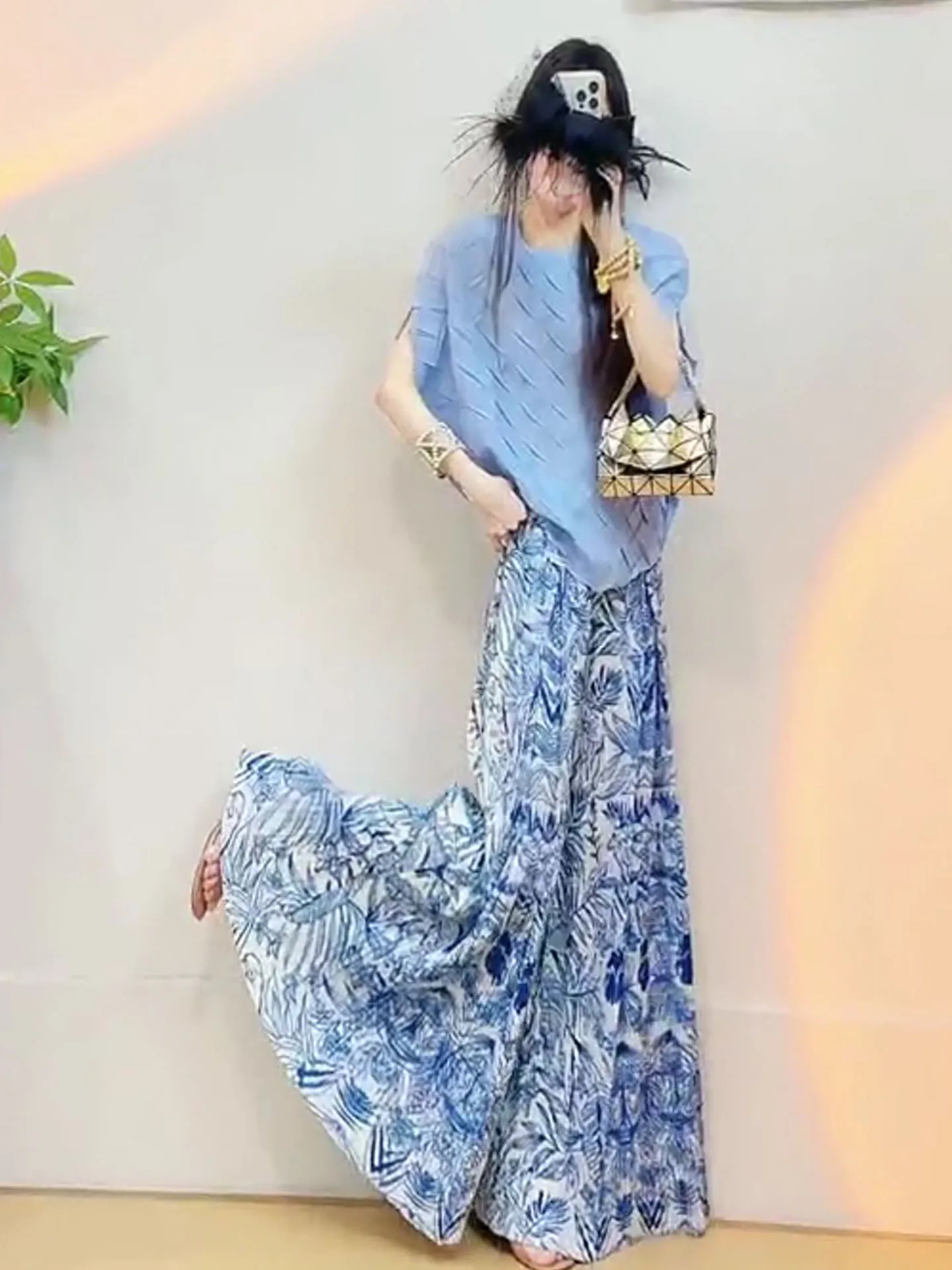 

Loose Wide Leg Pants Korean Style Casual Drapey Pleated Slimming Summer Versatile Women's Fashion Set Polyester Short Sleeve ...