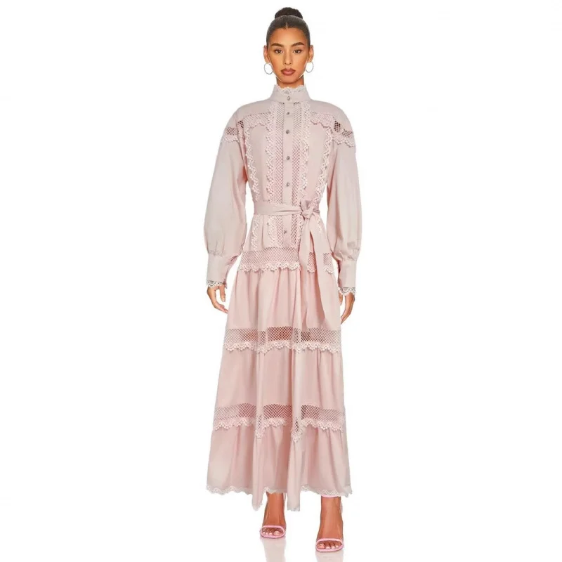 

High-End Sense Elegant Long Dress 2025 Spring Fashion Stand Collar Lace Patchwork Pink Dress