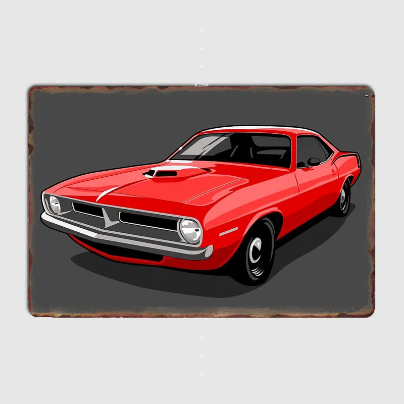 Plymouth Barracuda in Tor Red Retro Classic Sports Car Metal Poster Sign Garage Club Custom Wall Decor Tin Room Decor Home Decor
