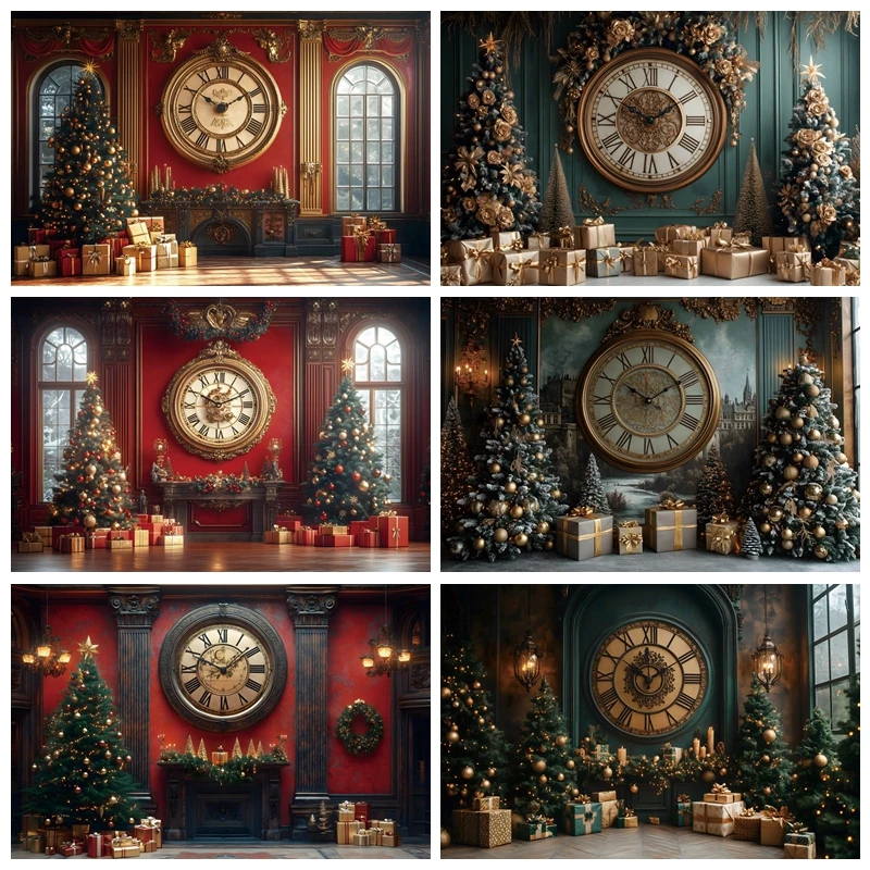 Christmas Photography Background Indoor Palace Red Green Giant Clock Xmas Tree Gift Backdrop New Year Family Party Decor Props