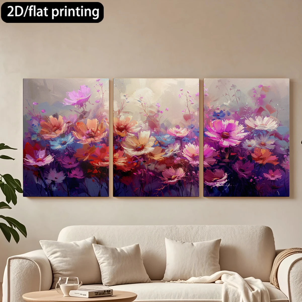 

3pc wooden frame canvas decorative paintingVibrant color-splashed flower painting.Corridor bedroom decoration