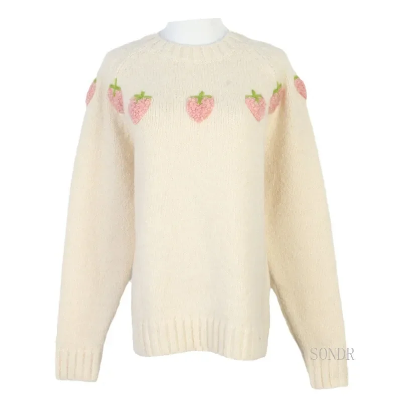 Red Strawberry Crew Neck Pullover Sweater Soft Waxy Lazy Loose Knitted Sweater Women Thick Winter Tops Sueter Mujer Jersey