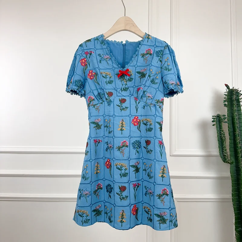 

Women Summer New French Small Fragrance Lace Embroidered Floral Dress Blue Fashion Short Sleeve Sweet Vintage Dress Female