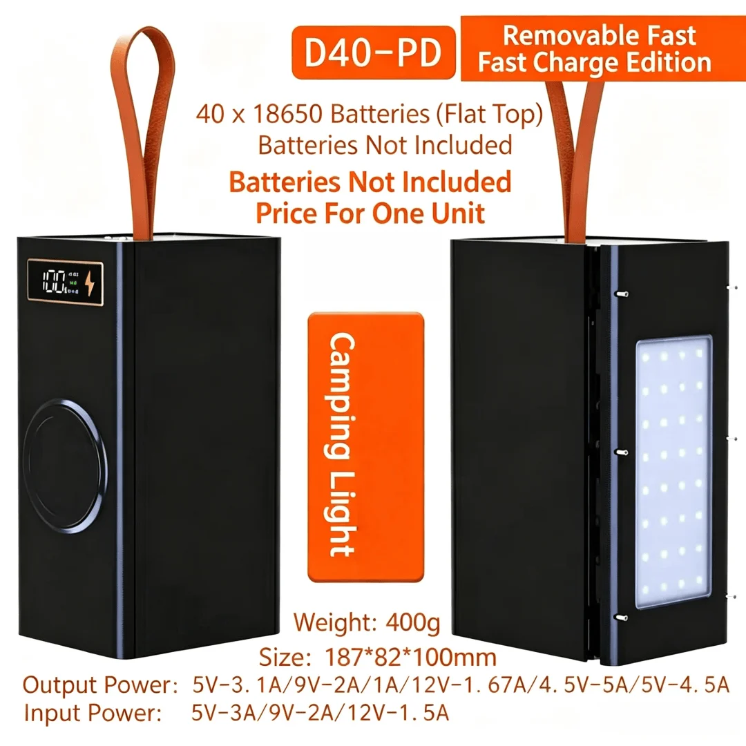 40*18650 DIY Power Bank Case Batteries Power Box Regular/PD Camping light Version Shell Batteries Power Shell