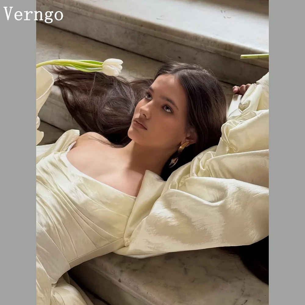 

Verngo lvory Shiny Satin Evening Drtess Square Collar Puff Sleeves Princess Prom Gowns Graceful Party Dress Customized