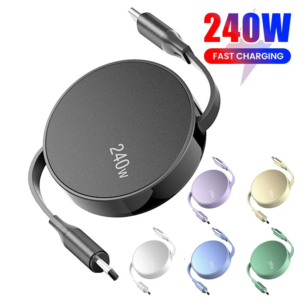 240W USB C to USB C Retractable PD Fast Charging Data Cable for iPhone 15 16 17 Pro Max Notebook Laptop Type C Charger Wire