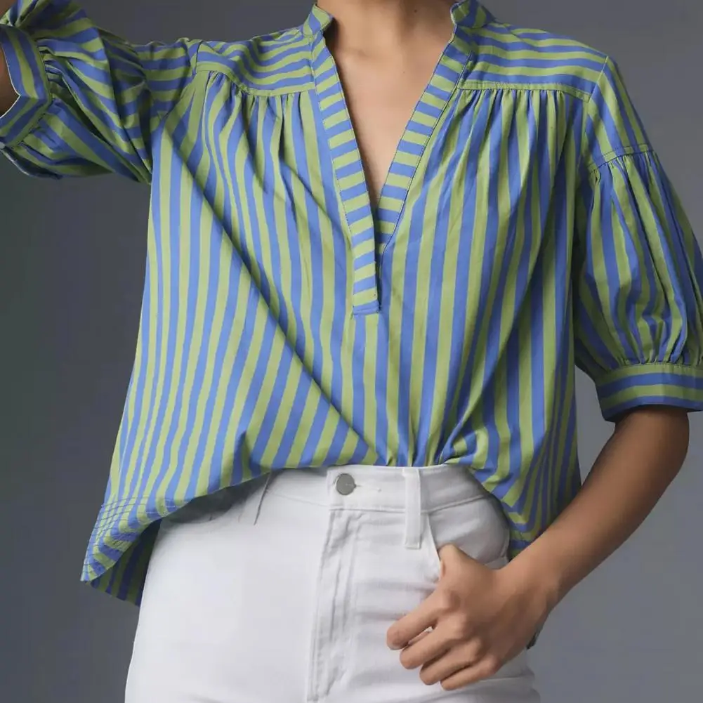 

Comfortable Breathable Shirt Striped Print V-neck Lantern Sleeve Women's Shirt Loose Fit Summer Top for Daily Wear Women Loose