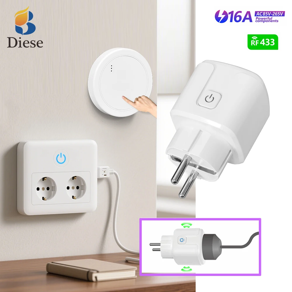 

RF433Mhz Wireless Electric Socket Plug Switch EU FR Mini round remote control AC220V 110V 16A for home fan coffeemachine light