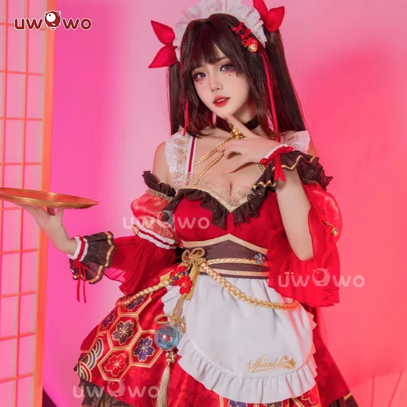Sky03 재고 있음 UWOWO 스파클 코스프레 게임 Honkai 스타 레일 스파클 메이드 코스프레 의상 활 모자를 쓰고 있죠 메이드 복장 Hallow55Hu%