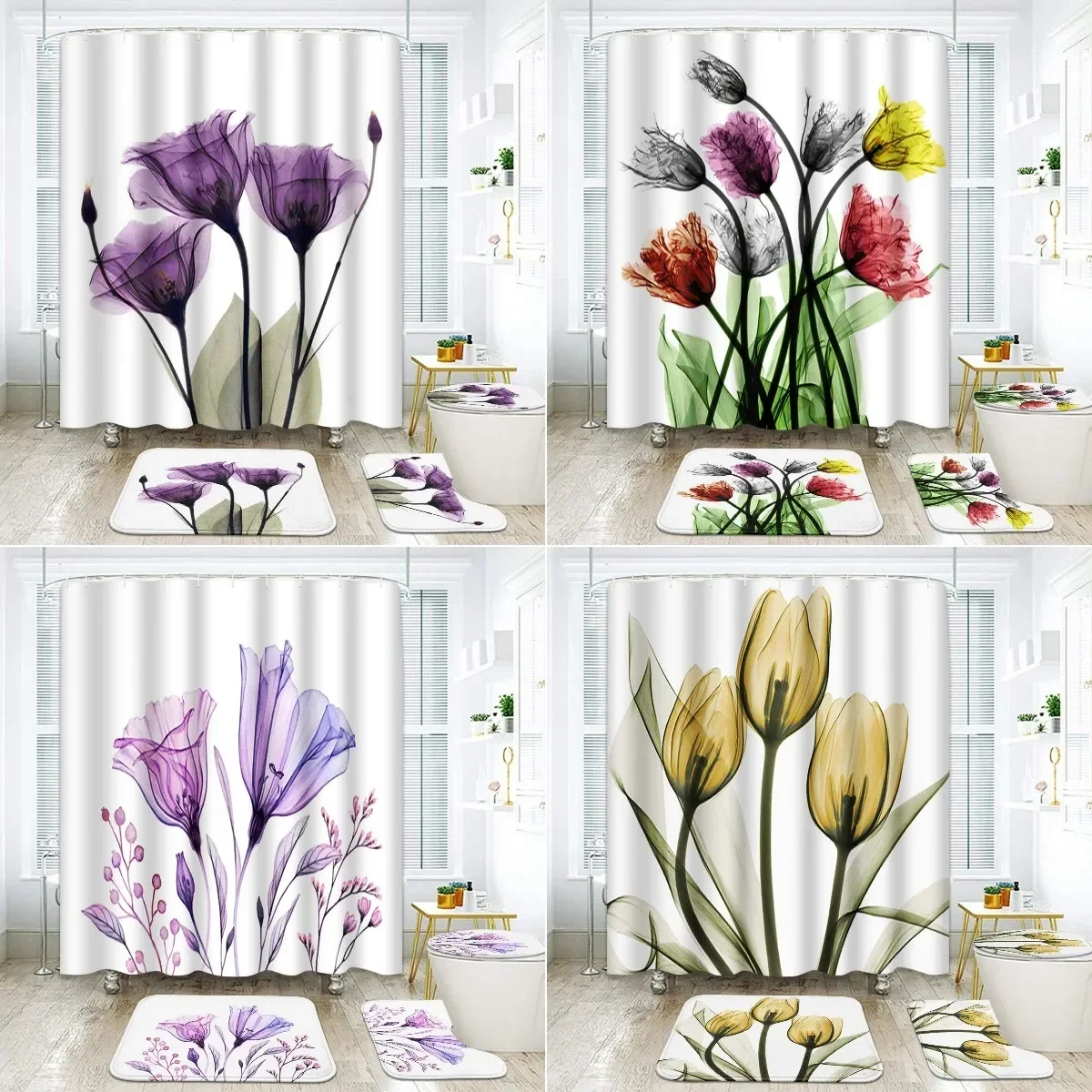 Shower Curtain Set Watercolor Flowers Leaves Purple Botanical Bouquet Non-Slip Rugs Toilet Lid Cover Bath Mat Bathroom Decor