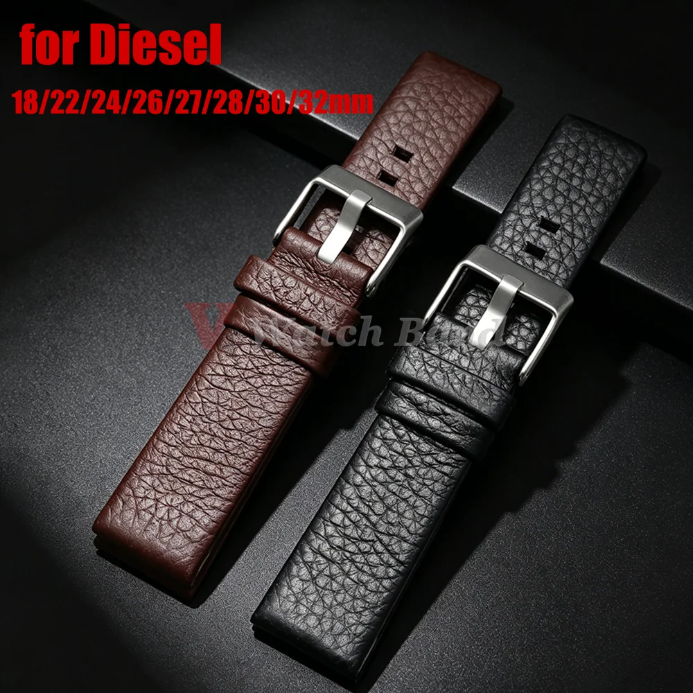 18/22/24/26/27/28/30/32mm Lychee-Muster Uhrenarmband Weiche Dünne Uhrenriemen für Diesel Ersatz Braun Schwarz Herren Armband