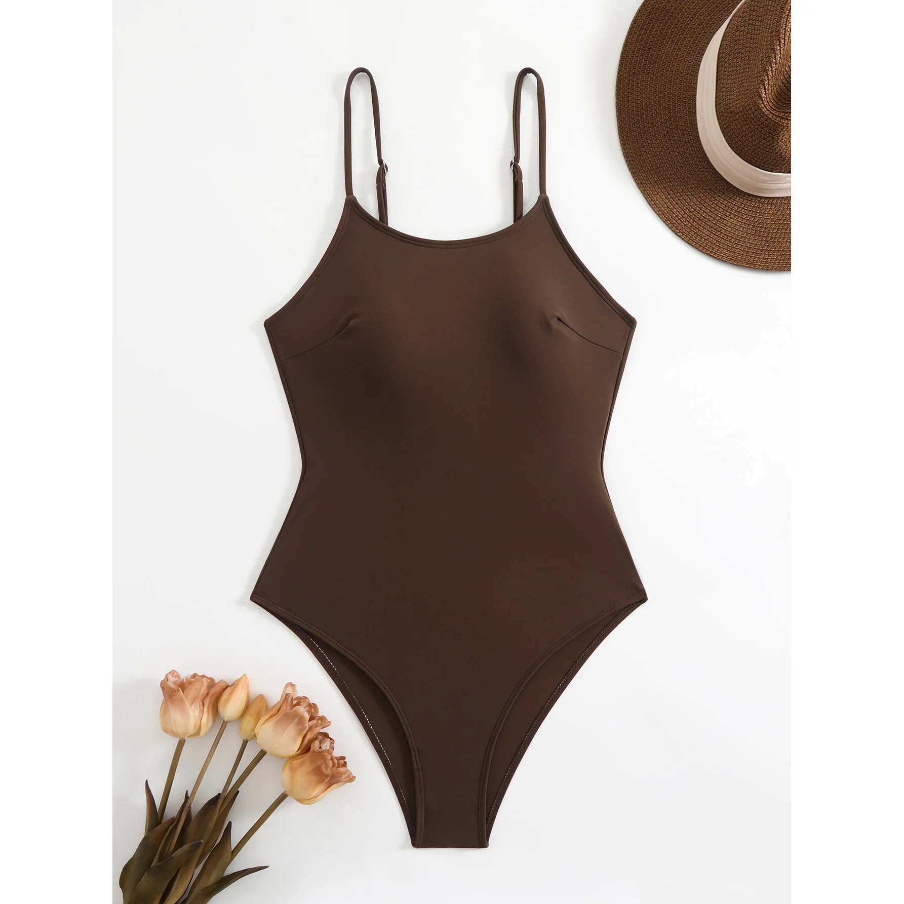 Neuer 2026 Sexy Rückenfreier Badeanzug mit Hohem Beinausschnitt für Damen, Einteiliger Badeanzug mit Polsterung, Einfarbig Kaffee, Badebekleidung V7089 – Detail 7