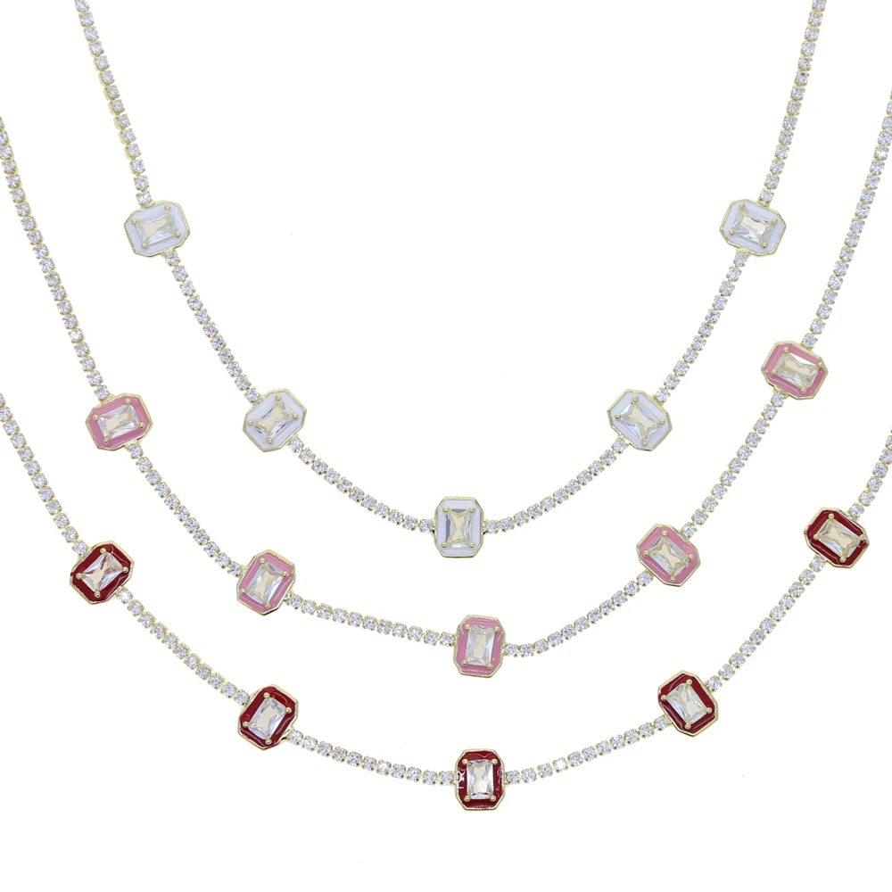 

Geometric Rectangle CZ Charm Tennis Necklaces Choker for Women Pave Zircon and Pink Red White Enamel Gold Color Fashion Jewelry