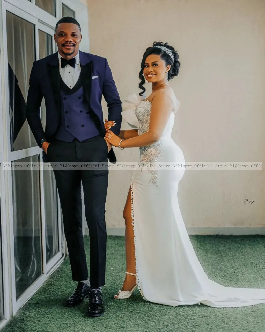 Vestidos de novia de sirena nigeriana para novia, cuello transparente, manga larga, volantes divididos laterales, vestidos de recepción de boda africanos personalizados