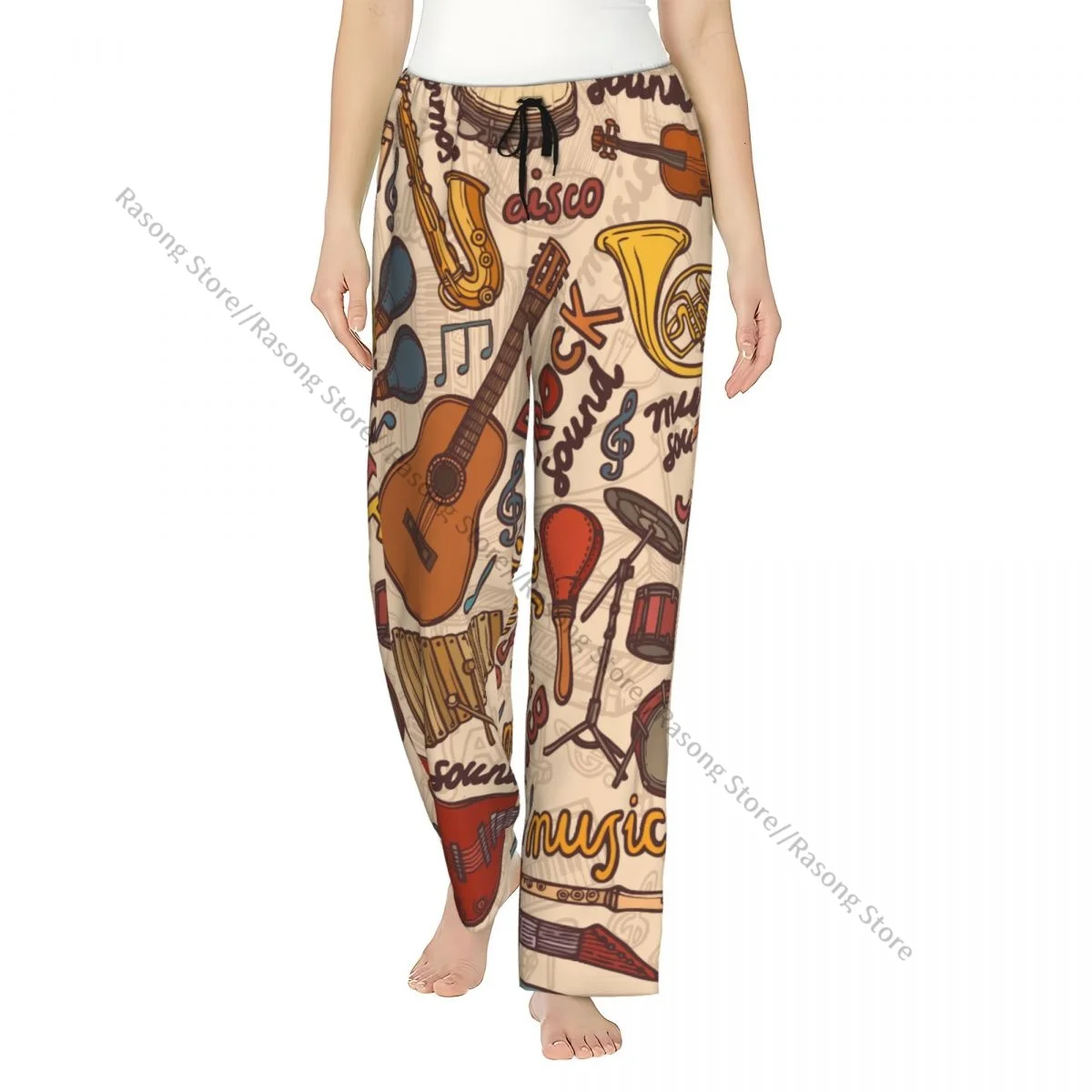 

Теплые женские пижамные штаны, красочные музыкальные инструменты, эскиз, фланелевые штаны для сна, мягкая флисовая одежда для дома
