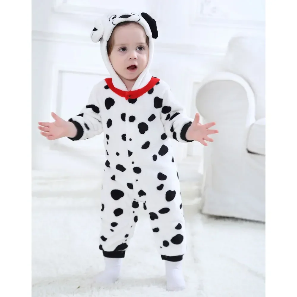 Dziecko Cosplay dalmatyńczyki Spotty kostium dla psa zestawy Kigurumi Cartoon pajacyki ze zwierzętami niemowlę kombinezon dla malucha Halloween