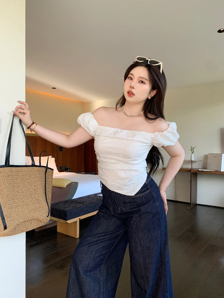 

Slimming ort oulder T-irt Lace Trim Pleated Micro plus Size Summer Design Sense Floral Print Casual Women's irt