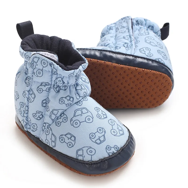 RUEWEY 0 to 18 Months Baby Bootie Fashion Car Print Socks Slipper Winter Warm Infant First Walker Shoes with Gripper Soles