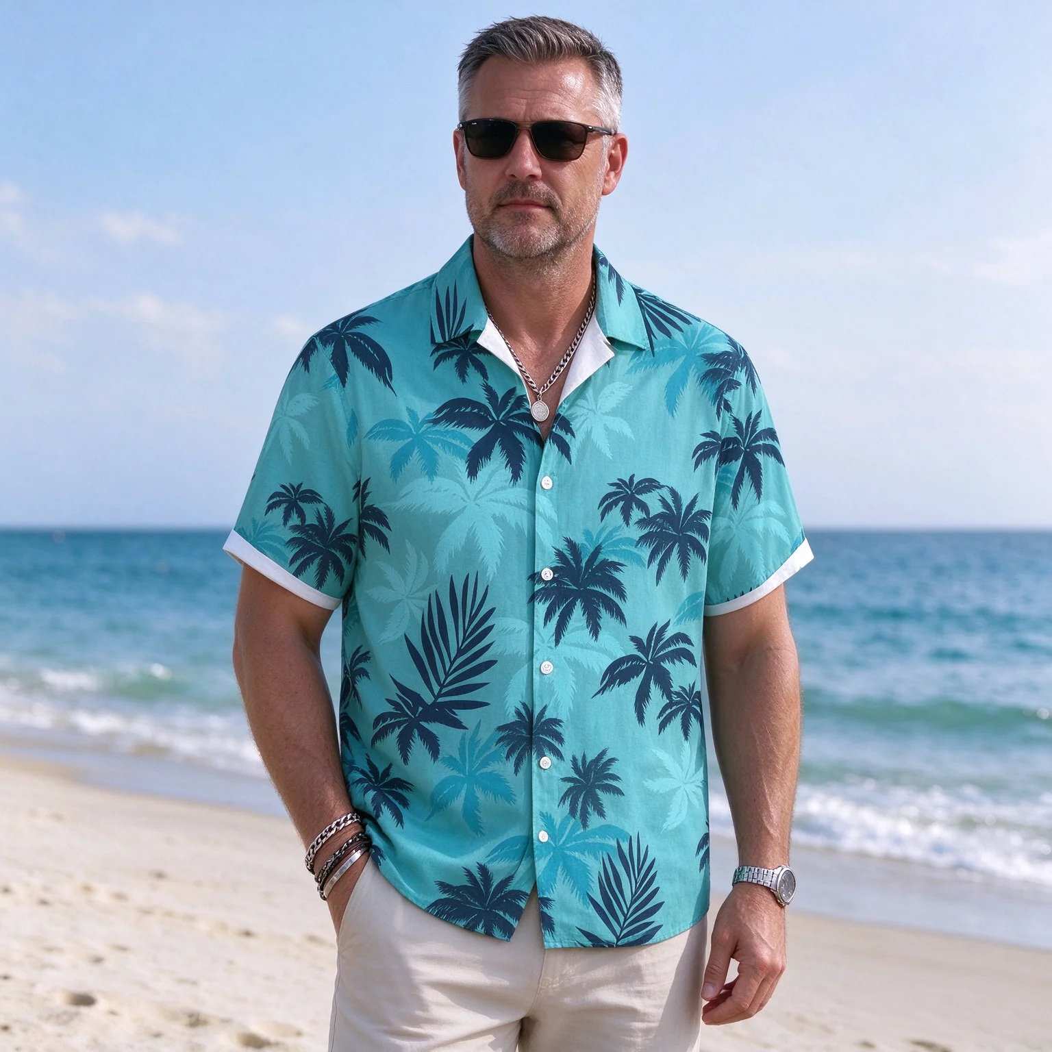 Hot Sale Men 3D Print Polyester Shirt, quick-dryStylish Comfortable Short Sleeve Lapel Cyan Palm Tree Beach Casual Button Up Top