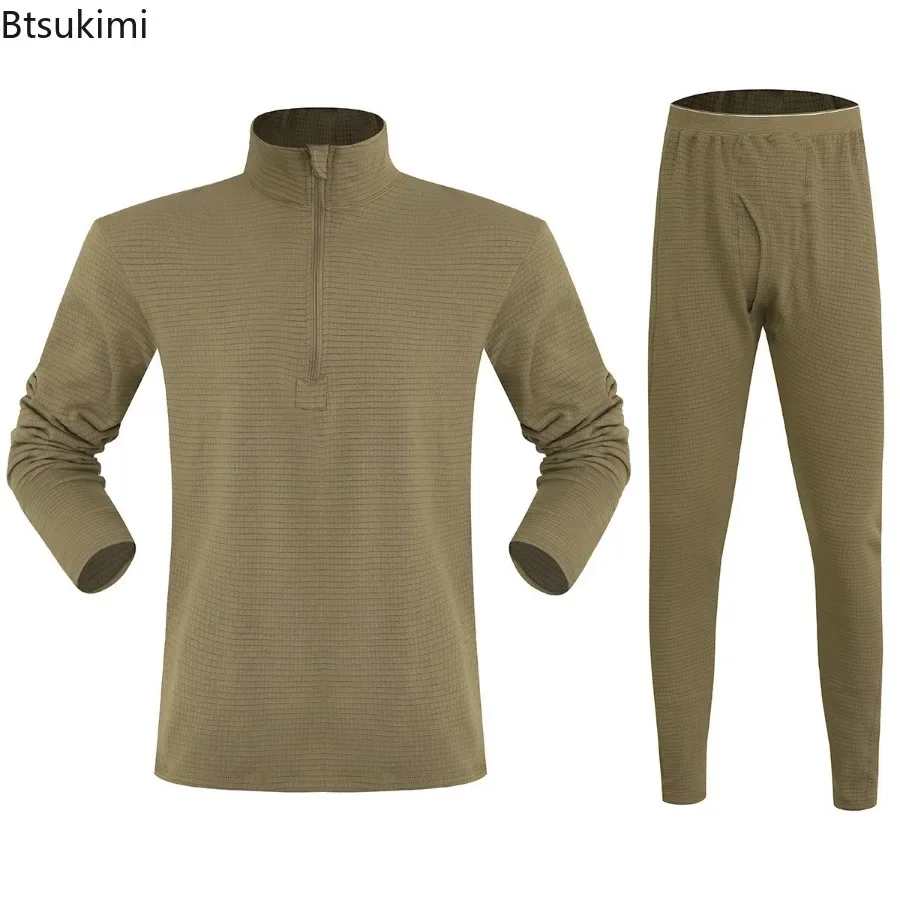 Autumn Winter Men's Outdoor Tactical Warm Underwear Two Pieces Men Solid Half Zip Stand Collar Tops Pants Shake Fleece Male Sets