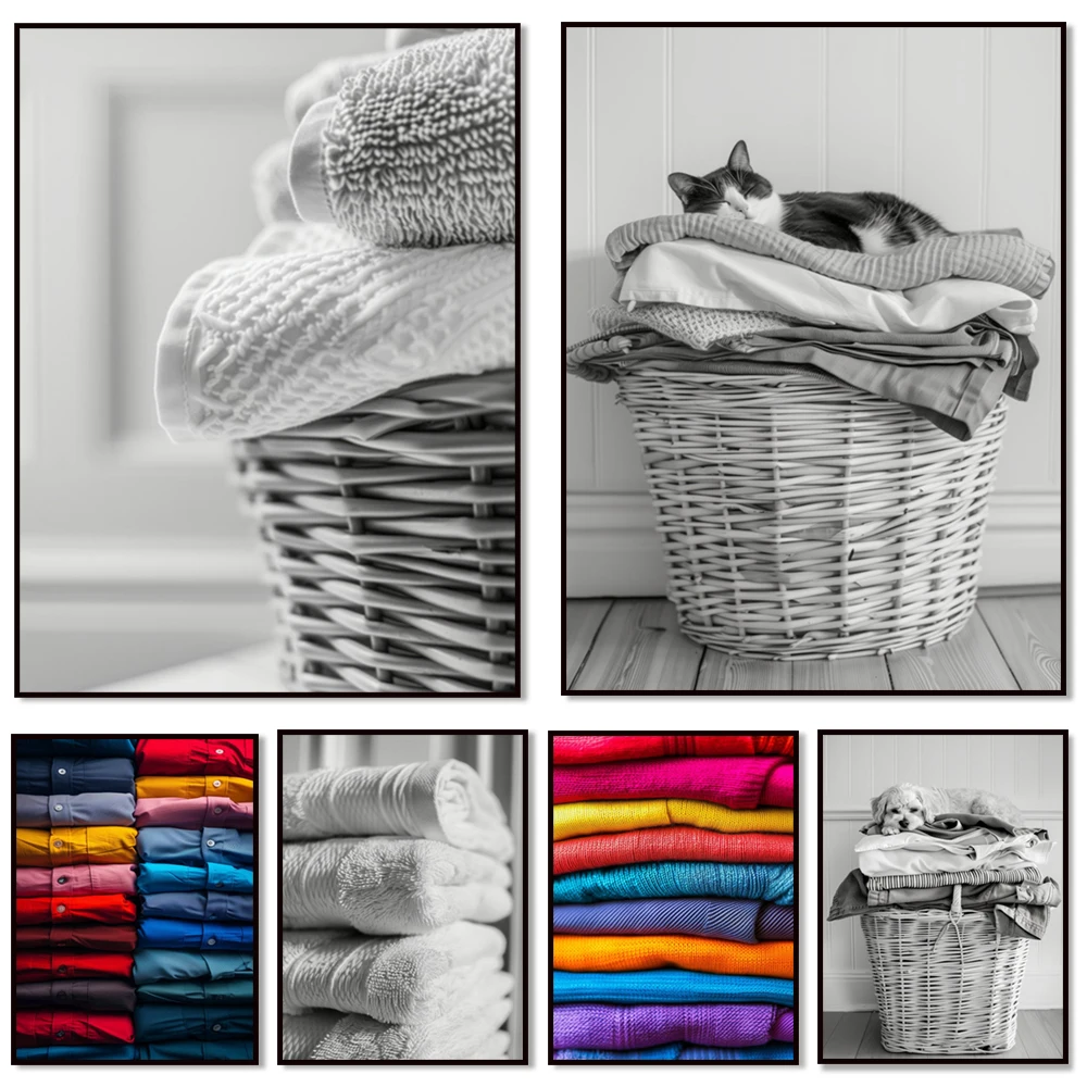 Laundry room poster, cocker spaniel puppy sleeping in laundry basket, towels, pile of colorful shirts, utility room decoration,
