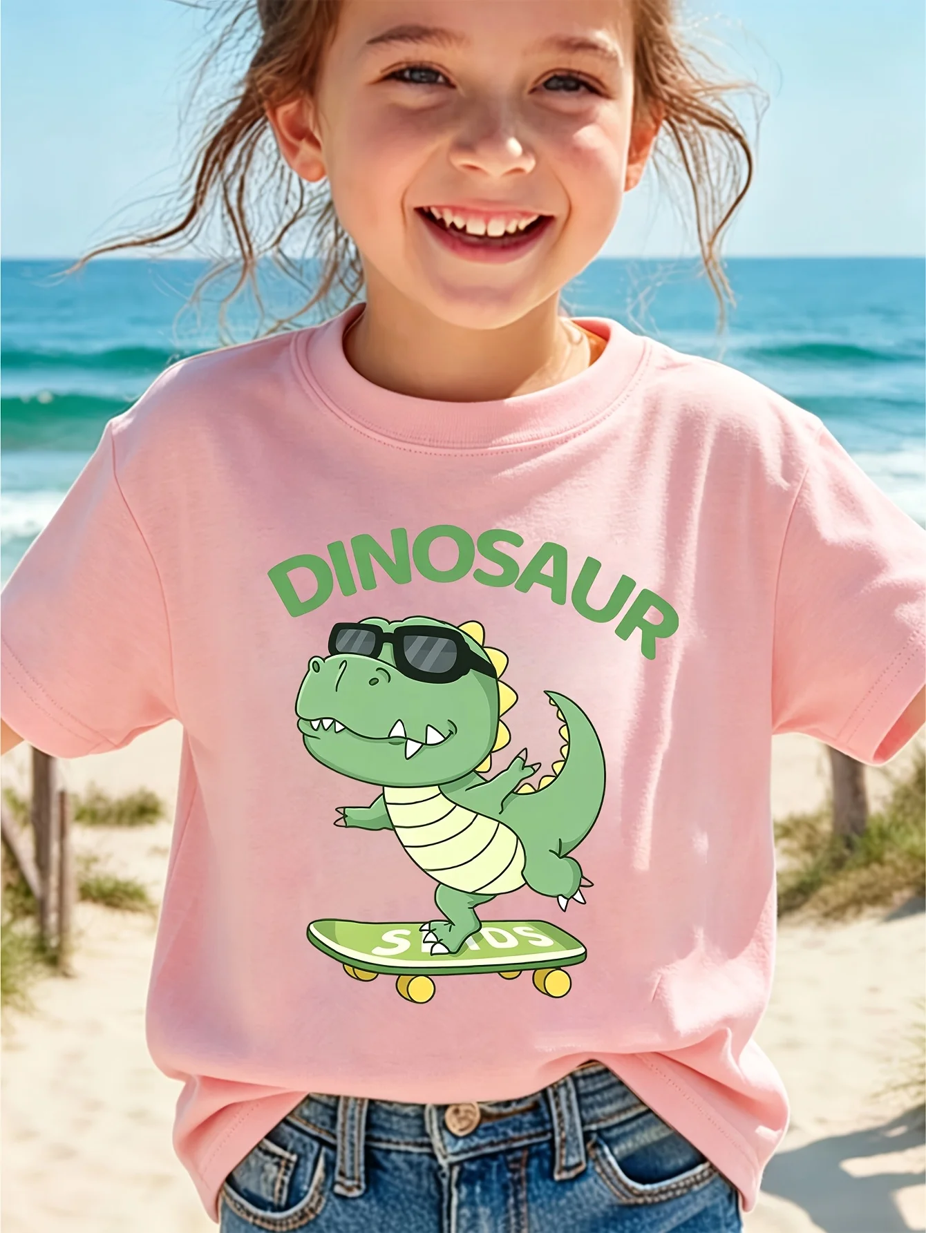 Cool Skateboard Dinosaur Kids T Shirt Sunglasses T Rex Print Short Sleeve Tee Boys Girls Soft Cotton Casual Tops Daily Wear Gift