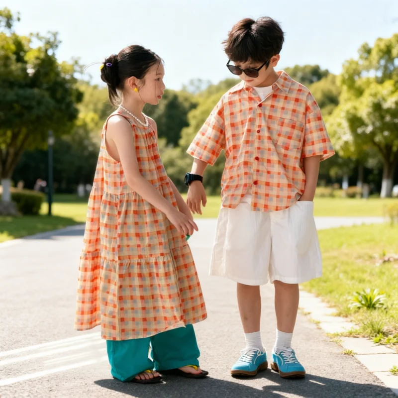 2026 Summer Sibling Matching Outfits Kids Plaid Shirt Unisex Boy Short Sleeve Button Down Casual Loose Breathable Top Girl Dress