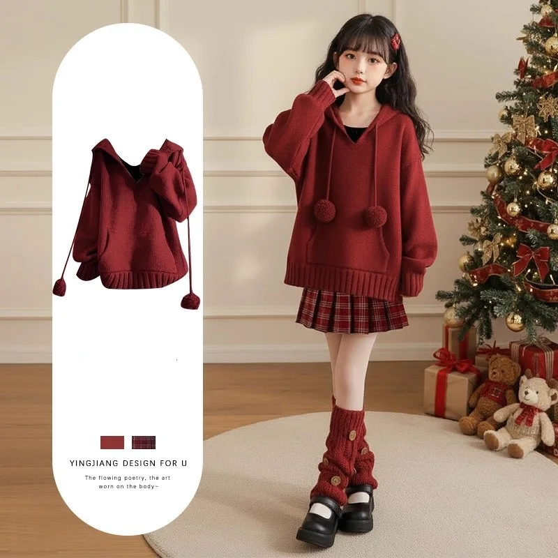 2026 retro spring Child V NECK Kid Girls Clothes Red Knitted Teenager Long Sleeve Sweater Dress hooded 4 8 9 10 11 12 13 14 Year