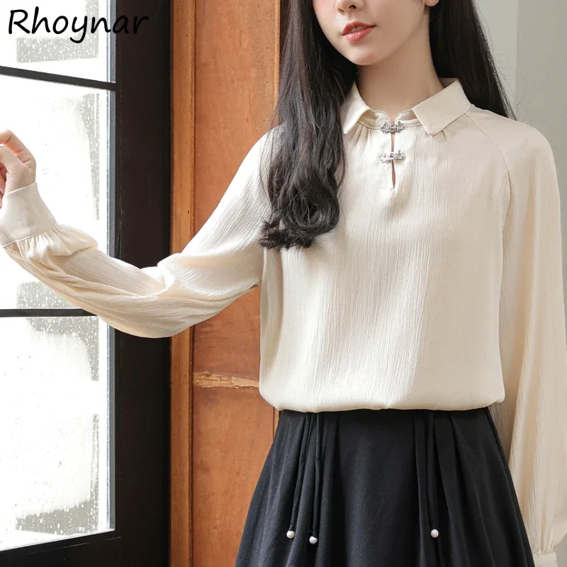 

Turn-down Collar Shirts Women Vintage Chinese Style Elegant Pullover Basic Solid Simple Office Ladies Lantern Sleeves Loose New