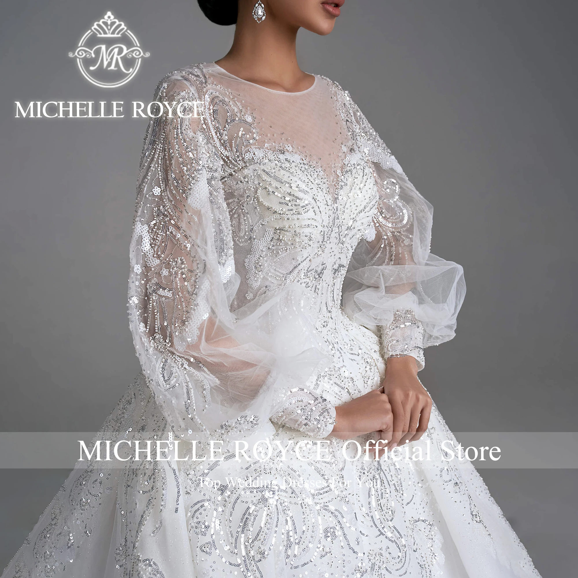 Michelle Royce Ball Gown Wedding Dresses For Woman Puff Sleeve Invisible Neckline Sequined Wedding Gown Vestidos De Novia