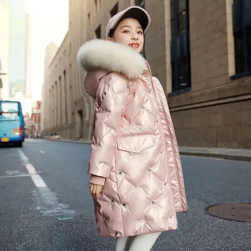 2024 Korean Autumn Winter Girl Parkas Waterproof Shiny Warm Long Girl Outerwear Coat 5-14 Years Kids Teenage Girl Jacket Outfit