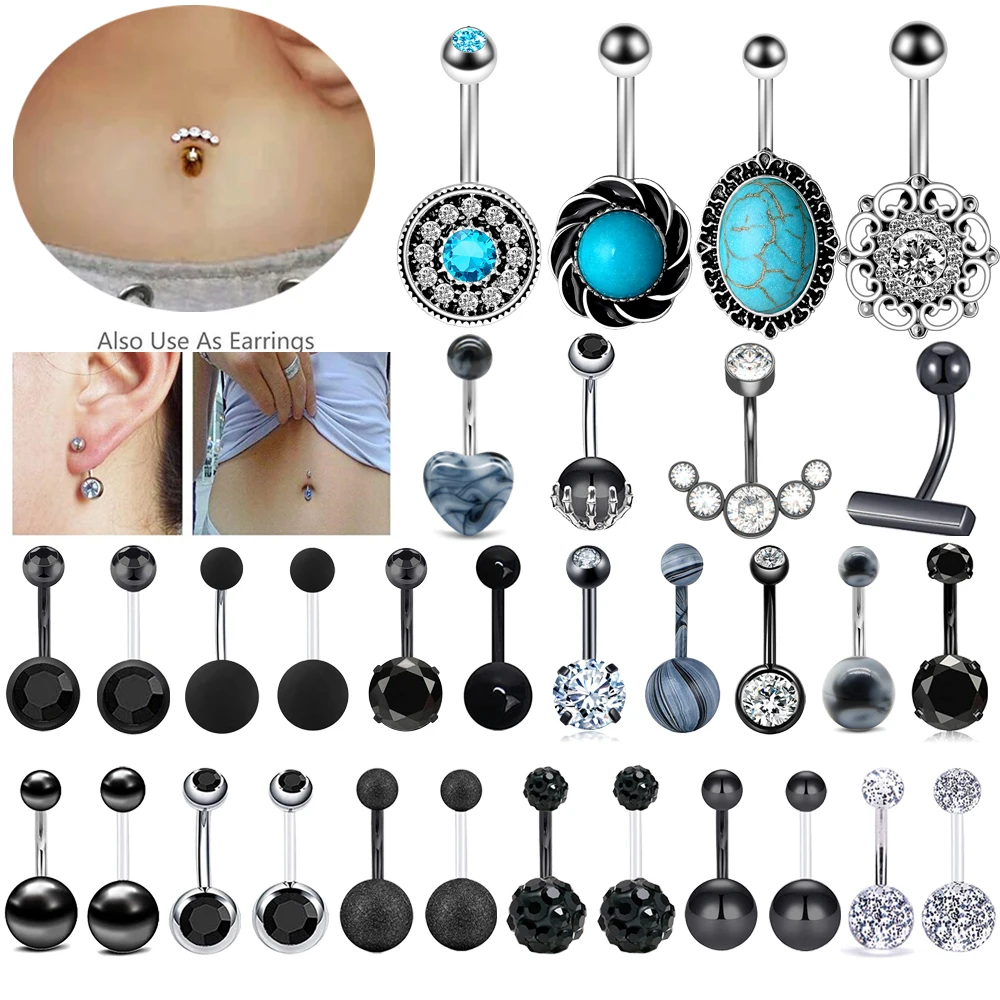 14G Stainless Steel Crystal Pendant Belly Button Rings Sexy Navel Piercing Ombligo Nombril Black Navel Ring Women Body Jewelry