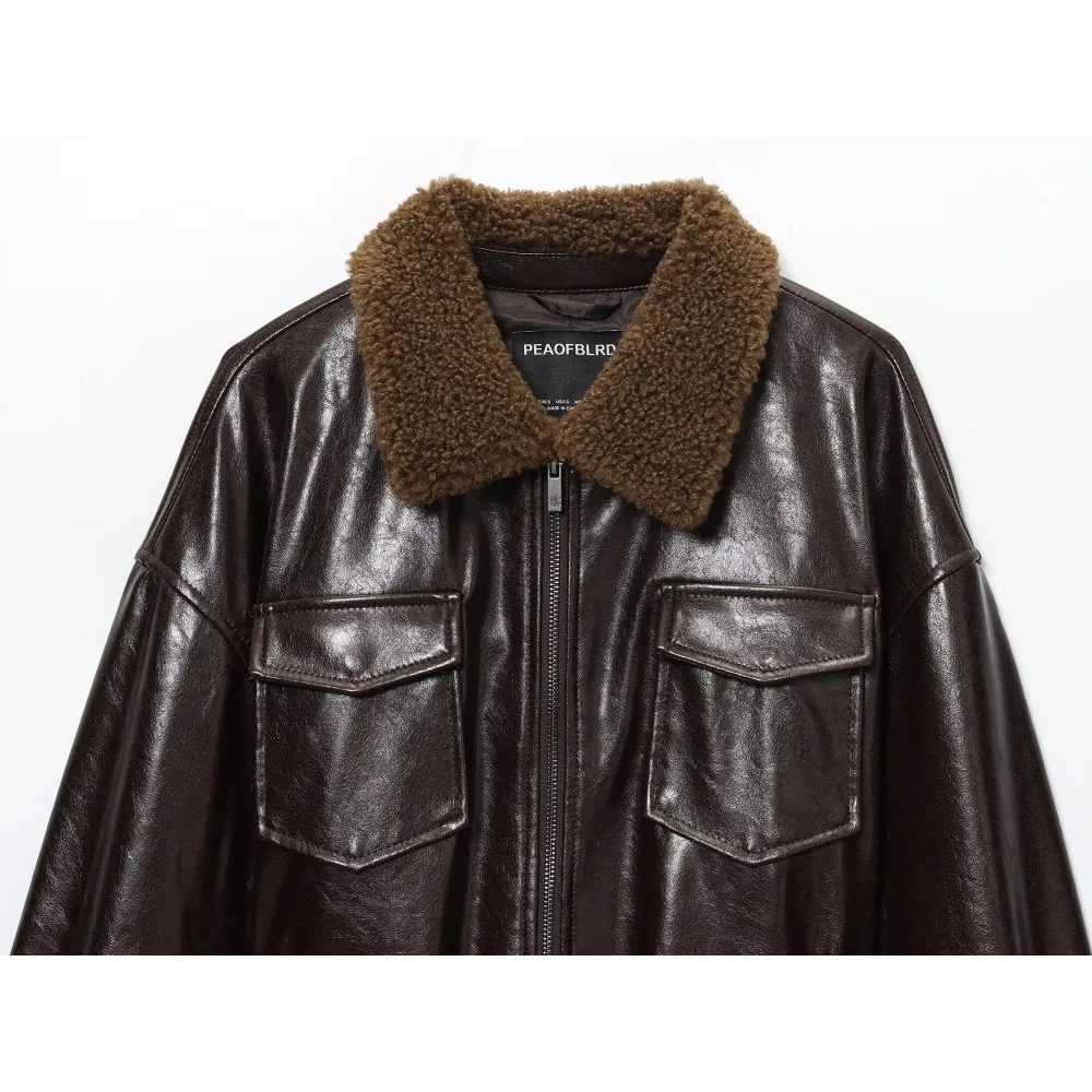 New Winter Fleece Lapel Collar Belted Jacket with Flap Pockets on The Chest Stylish Women's Faux Leather Zippered Coat with Belt