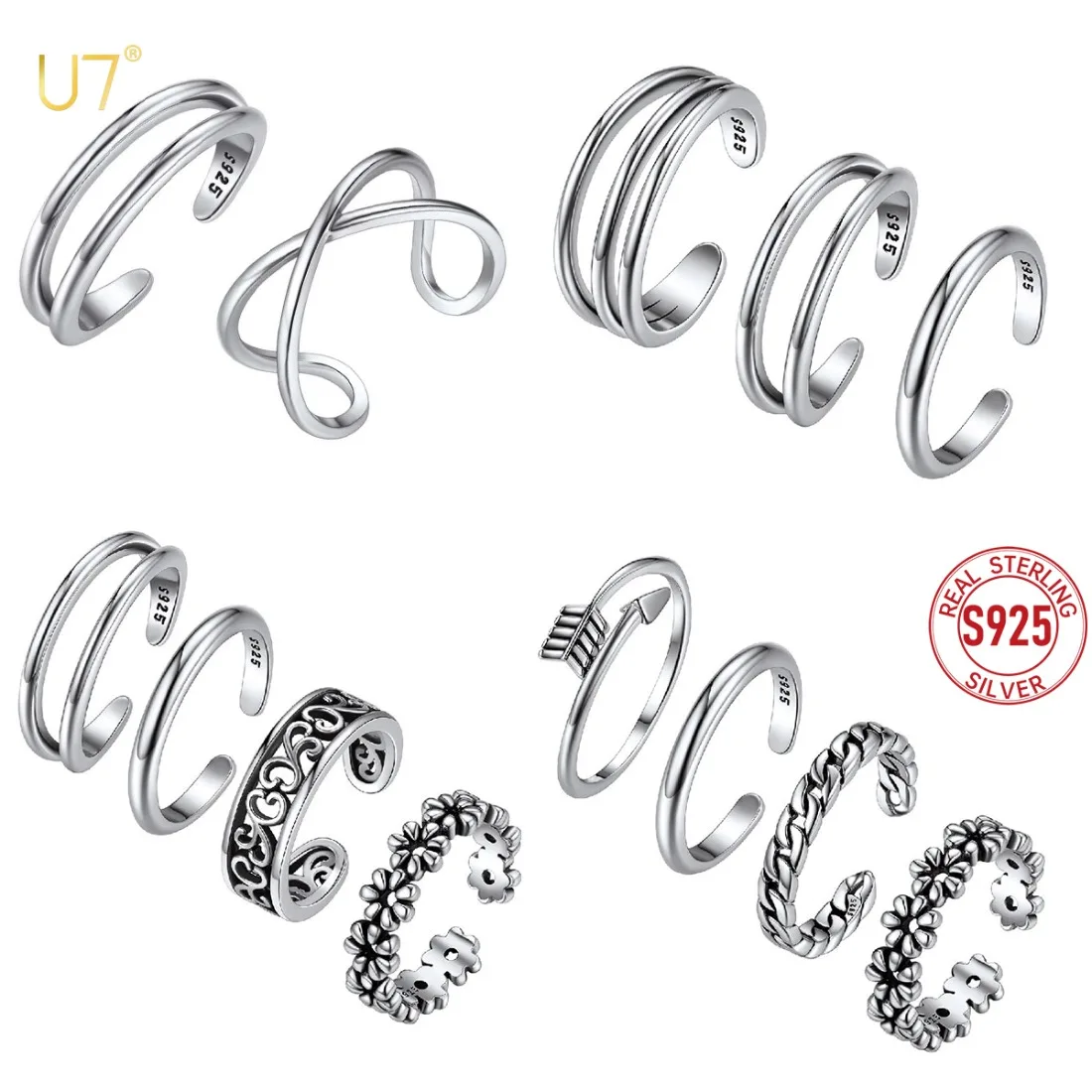 U7 2/3/4pcs/set 925 Sterling Silver Toe Ring Cuff for Women Hawaian Flowers Curb Link Adjustable Stackable Beach Jewelry QC24