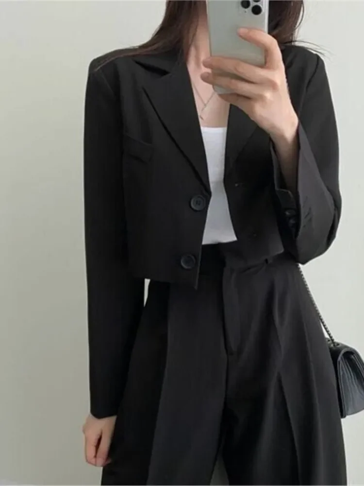 Women\'s Solid Casual Suits Blazer Jacket Wide Leg High Waist Pants Office Lady Autumn Spring Crop Tops Coats Two Piece Sets