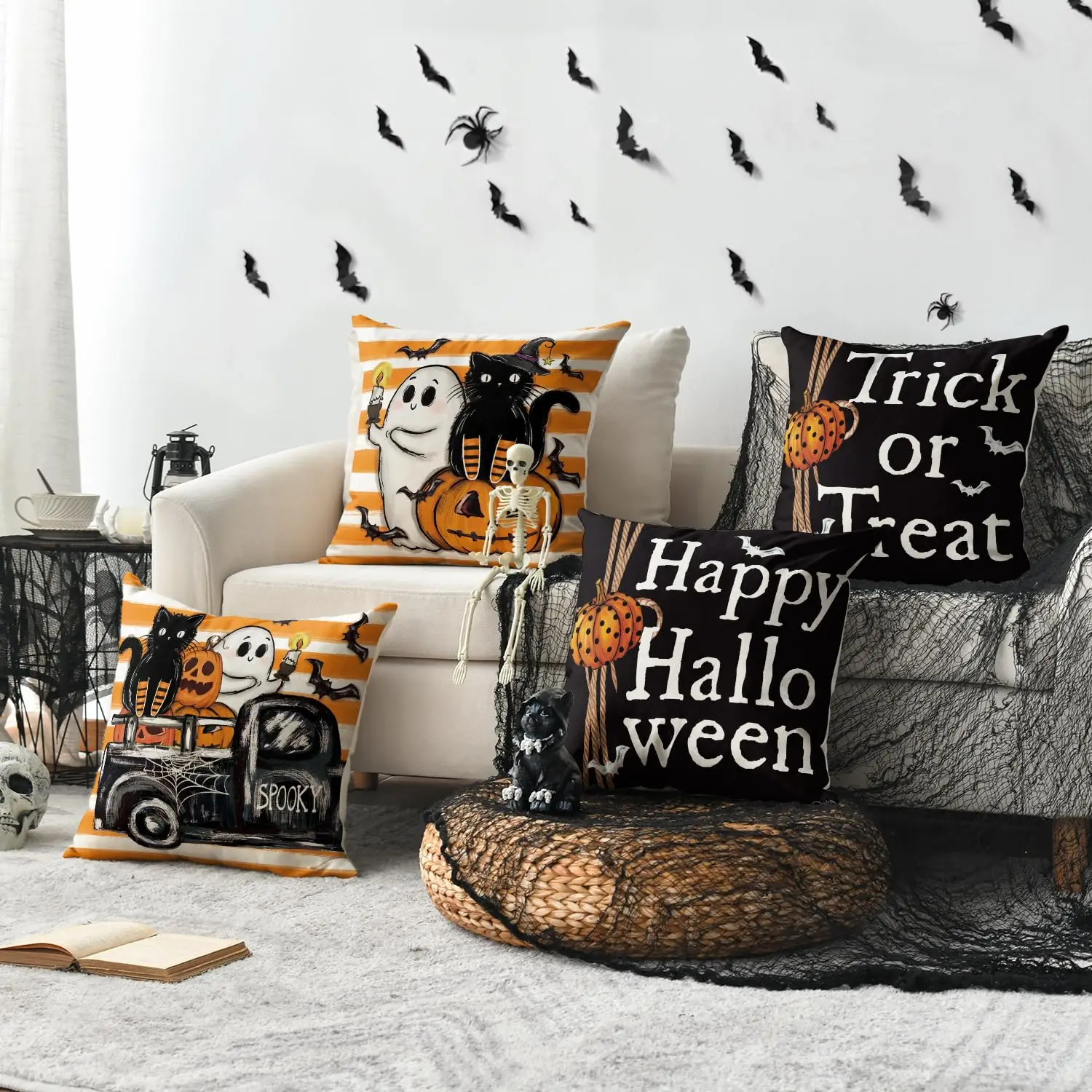 Trick or Treat Truck Cat Pumpkin Bat Throw Pillow Covers, 18 x 18 Inch Stripe Happy Halloween Spooky Holiday Case Decor Set of 4